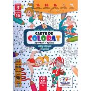 Carte de colorat pentru cei mici, contine imagini cu activitati sportive. varsta 3+