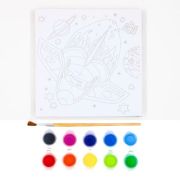 Set pictura pe panza imprimata 15.5x15.5cm, Nava spatiala - acuarele, pensula, cadru de lemn, Colorarte, MY18